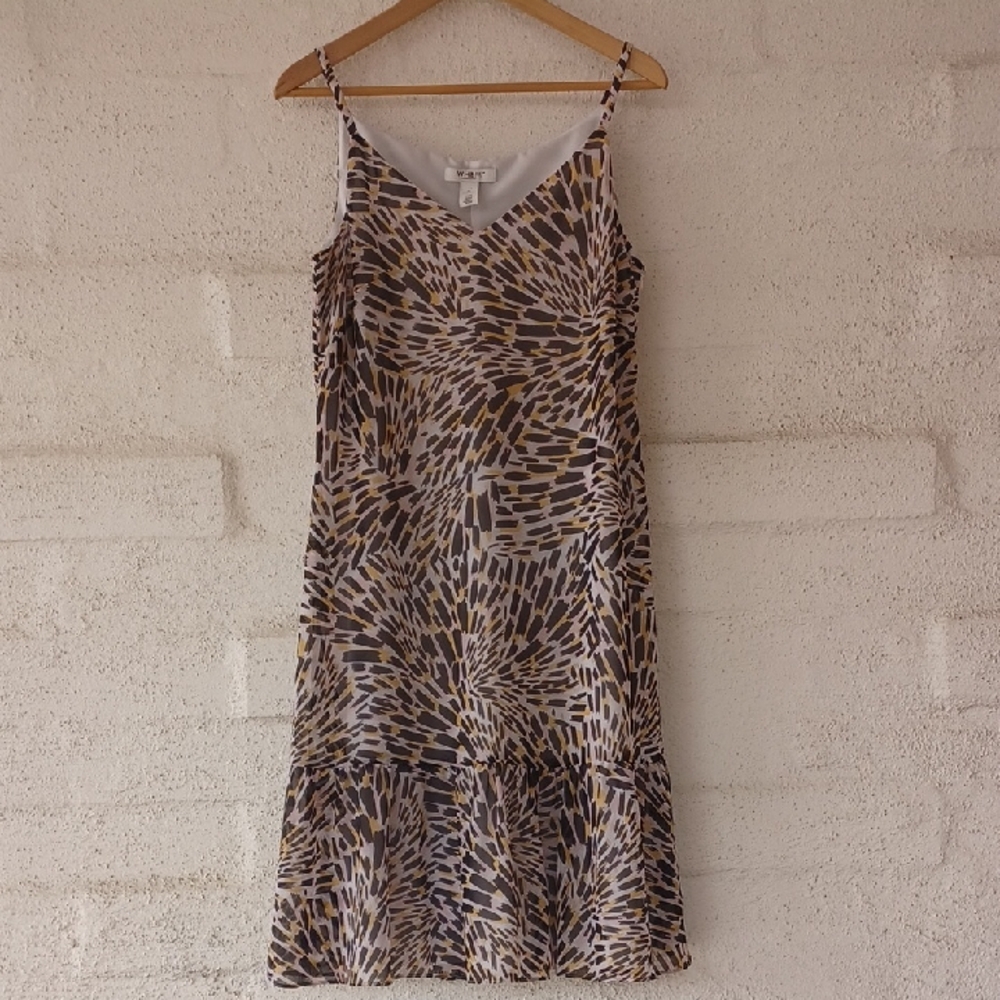 White House Black Market Brown and Cream Sleeveless Slip Dress Ruffled Hem Lined